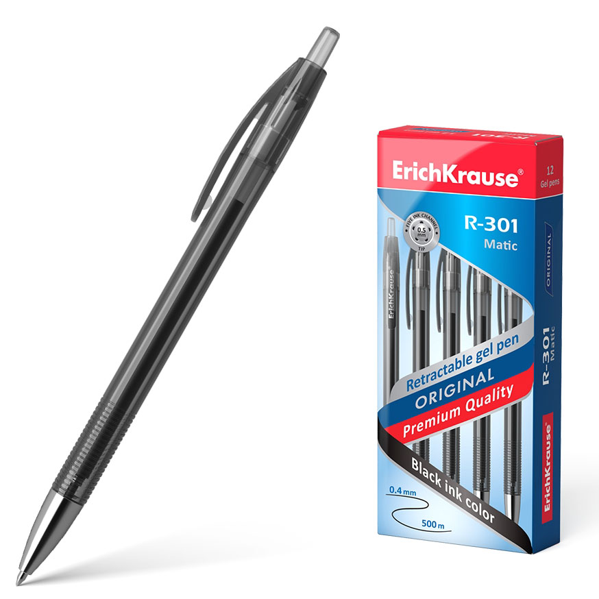 Caneta gel preta ErichKrause R-301 com caixa com 12 canetas