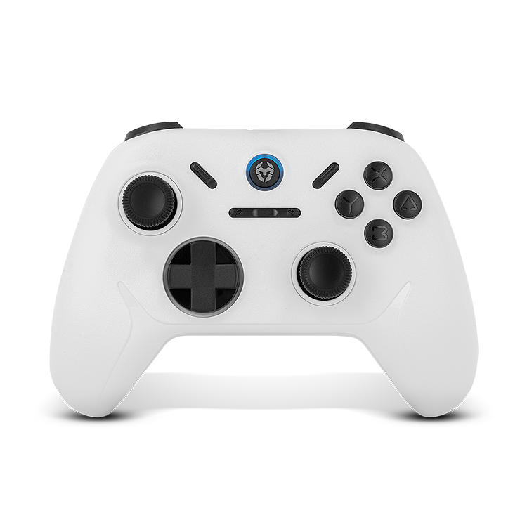 Comando de consola branco com botões pretos e joysticks