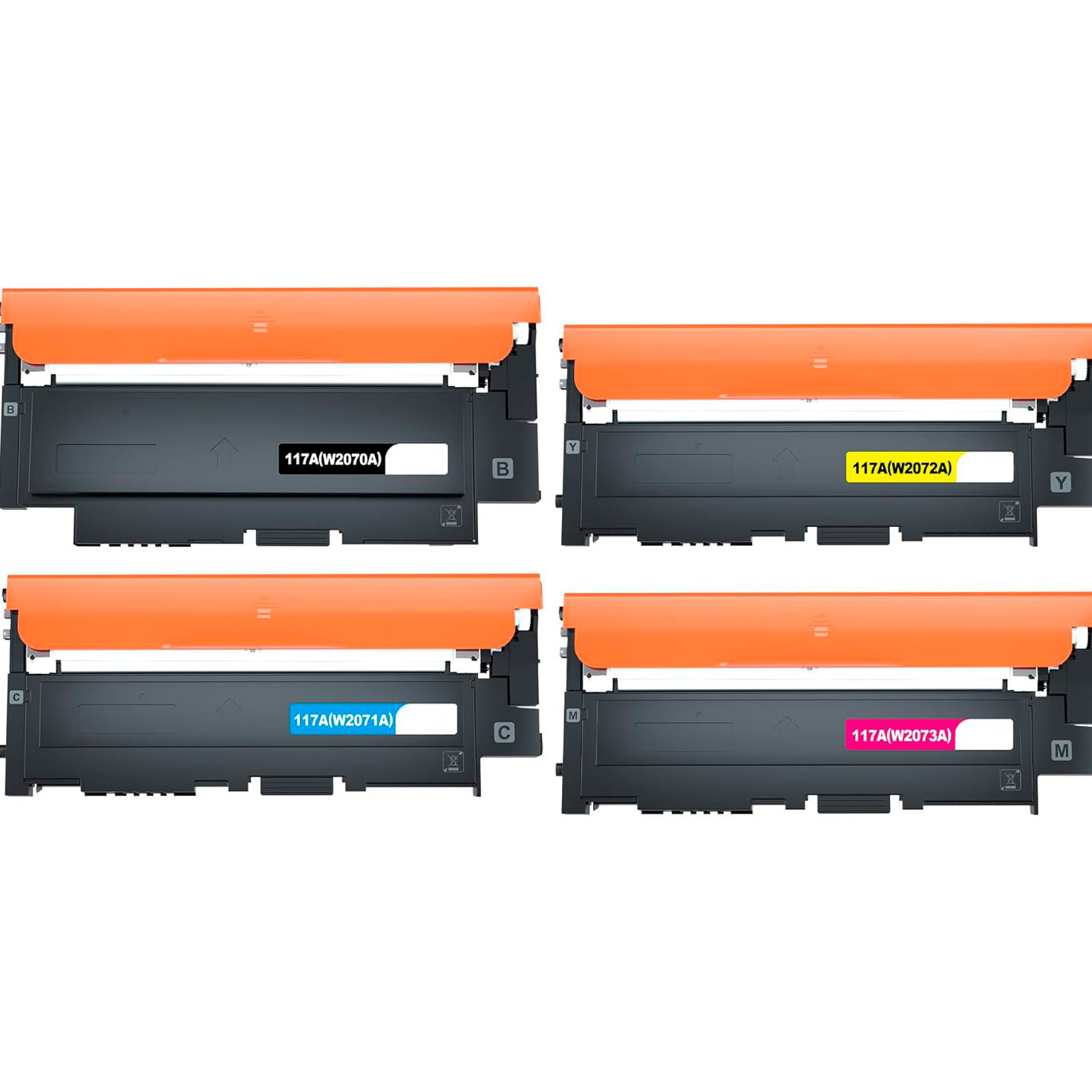 Conjunto de quatro cartuchos de toner para impressora com tampas laranja e etiquetas coloridas
