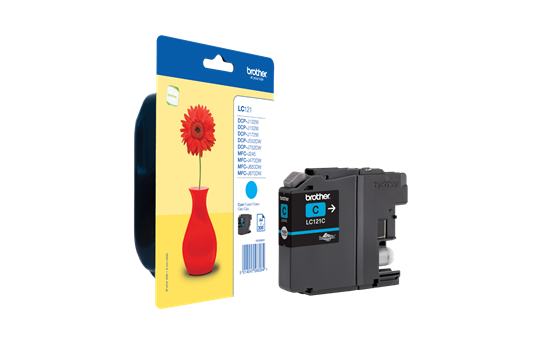 Cartucho tinta Brother LC121C em embalagem com vaso vermelho e flor