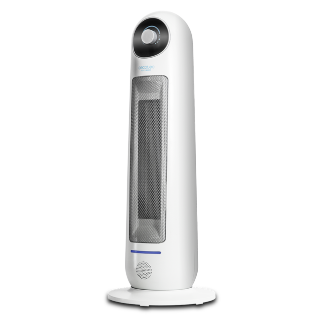 Aquecedor torre branco com grelha metálica e botão rotativo