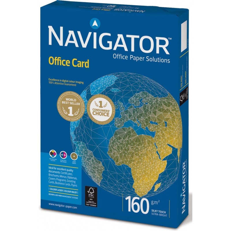 Pacote azul de papel Navigator Office Card com selo de qualidade, globo e indicação 160 g/m²