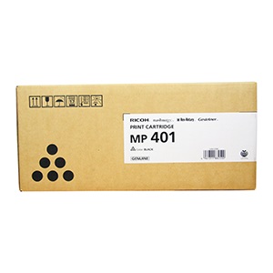 Caixa de cartucho de impressão Ricoh MP 401 castanha com etiqueta branca e texto preto