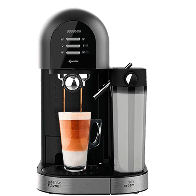 Máquina de café preta Bambo com copo transparente a preparar café e reservatório de leite creme