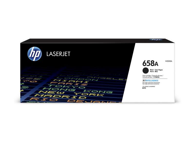 Embalagem de toner HP LaserJet 658A preto com design colorido e texto informativo