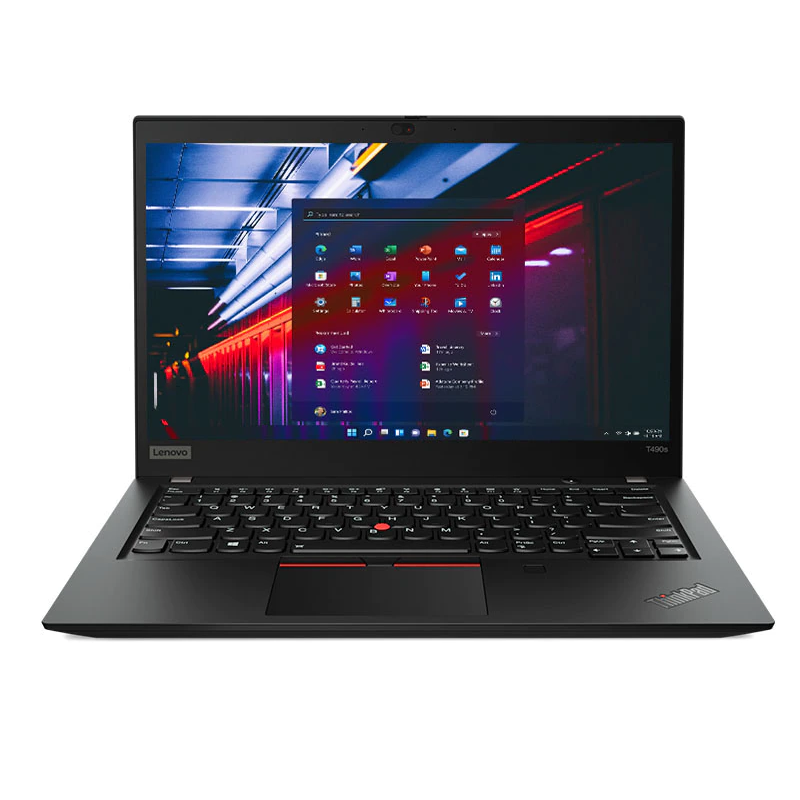 Portátil Lenovo ThinkPad T490s preto aberto com ecrã ligado e teclado