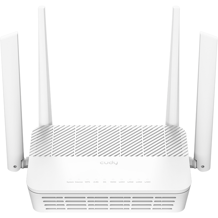 Router Wi-Fi branco da marca Cudy com quatro antenas externas
