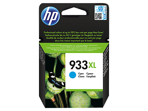 Cartucho HP 933XL cor ciano em embalagem preta com texto e imagem de flores