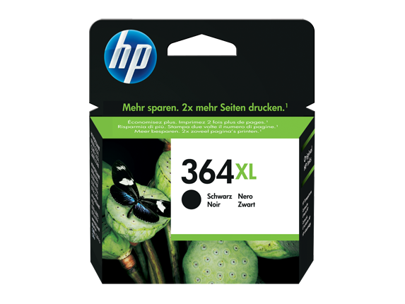 Embalagem de tinta de impressora HP 364XL preta com texto multilíngue