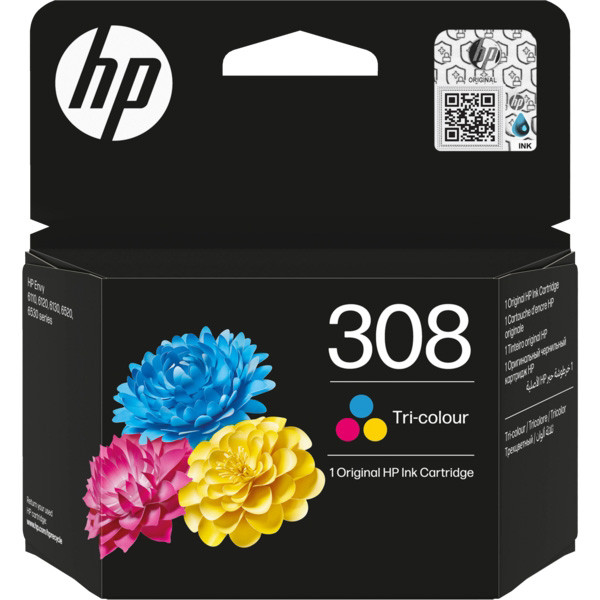 Embalagem de tinta HP 308 tri-color com flores coloridas