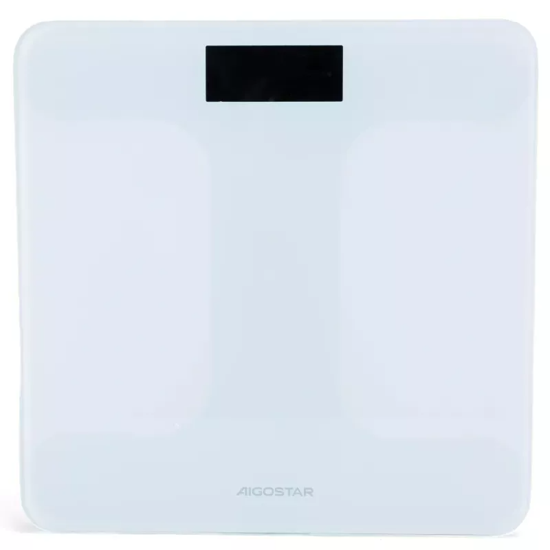 Balança digital branca com visor preto e logo Aigostar