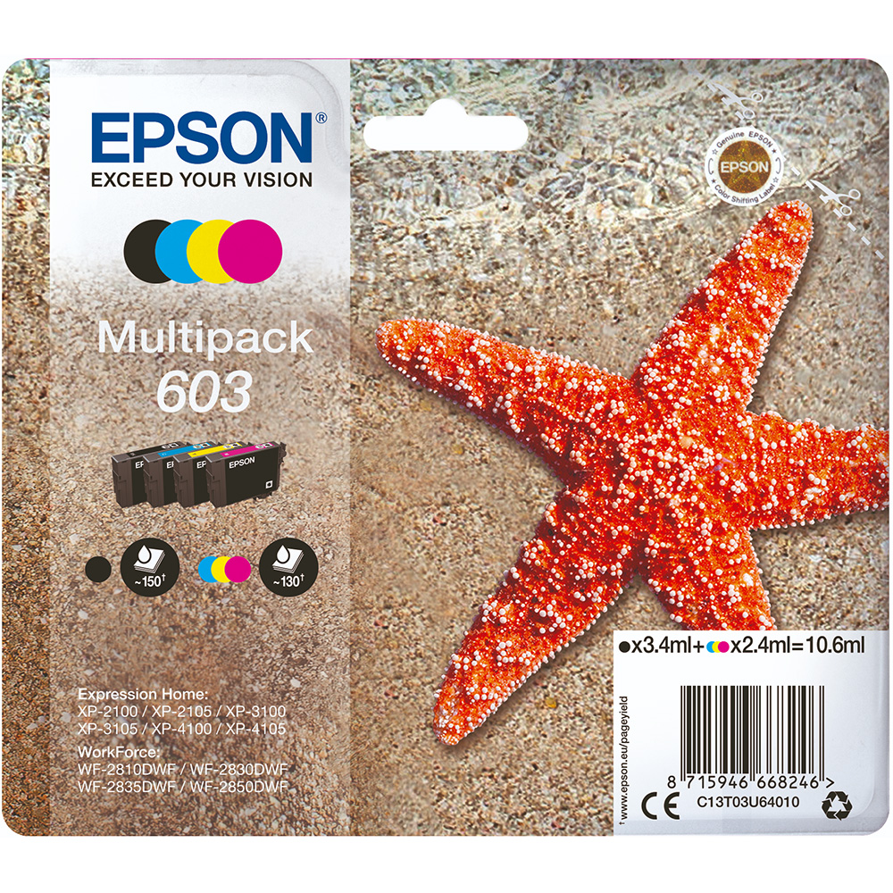 Embalagem de multipack de tinteiros Epson 603 com tinta preta e cores CMY