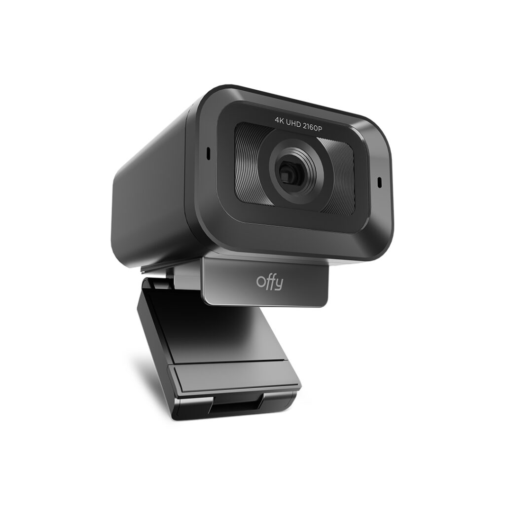 Câmara web preta com texto 4K UHD 2160P e suporte ajustável
