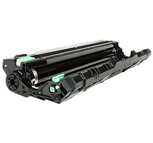 Cartucho de toner preto para impressora com detalhes verdes em fundo branco