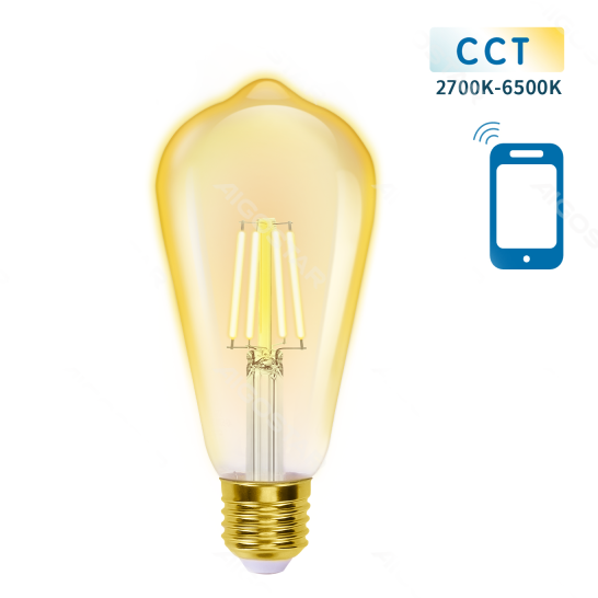 Lâmpada led filament com base dourada e texto CCT 2700K-6500K