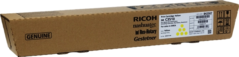 Cartucho de impressão amarelo RICOH IM C3510 na caixa de cartão