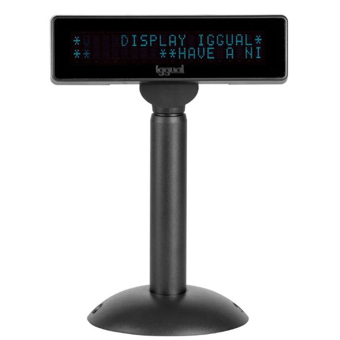 Display de cliente digital preto com texto azul no ecrã