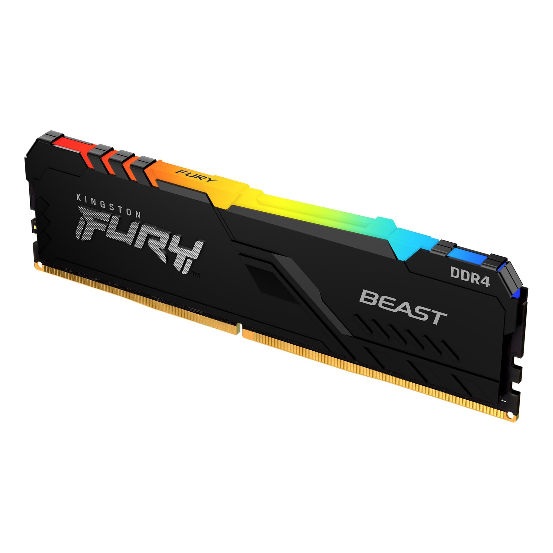Módulo de memória RAM preto com iluminação RGB e texto Kingston FURY BEAST DDR4