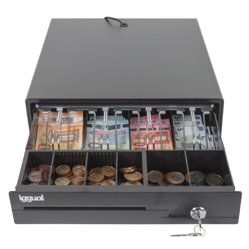 Gaveta metálica preta para dinheiro aberta com moedas e notas de euro