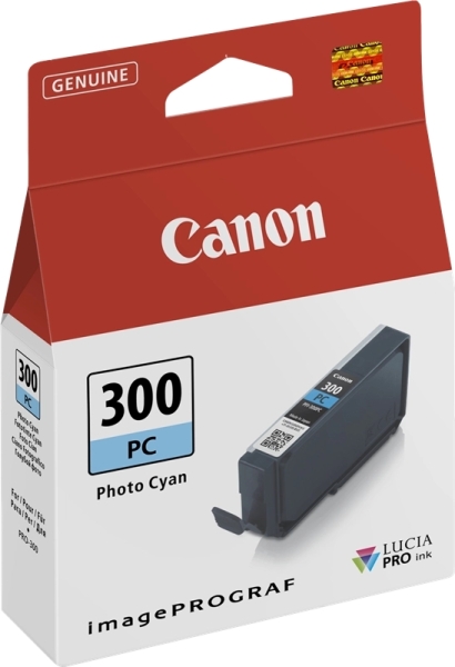 Embalagem do tinteiro Canon 300 PC Photo Cyan em vermelho, branco e azul