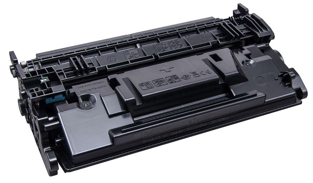 Cartucho de toner preto para impressora com símbolos e texto em relevo