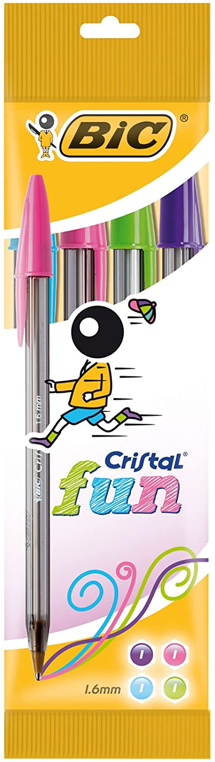 Pack de esferográficas BIC Cristal Fun com tampas coloridas e corpo transparente.