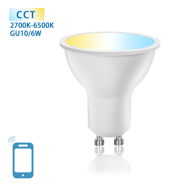 Lâmpada LED branca GU10 de 6W com variação de temperatura de cor e ícone de smartphone azul