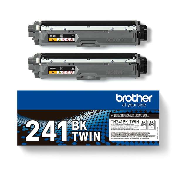 Dois toners Brother TN-241BK pretos e caixa azul com texto 241 BK TWIN para impressora