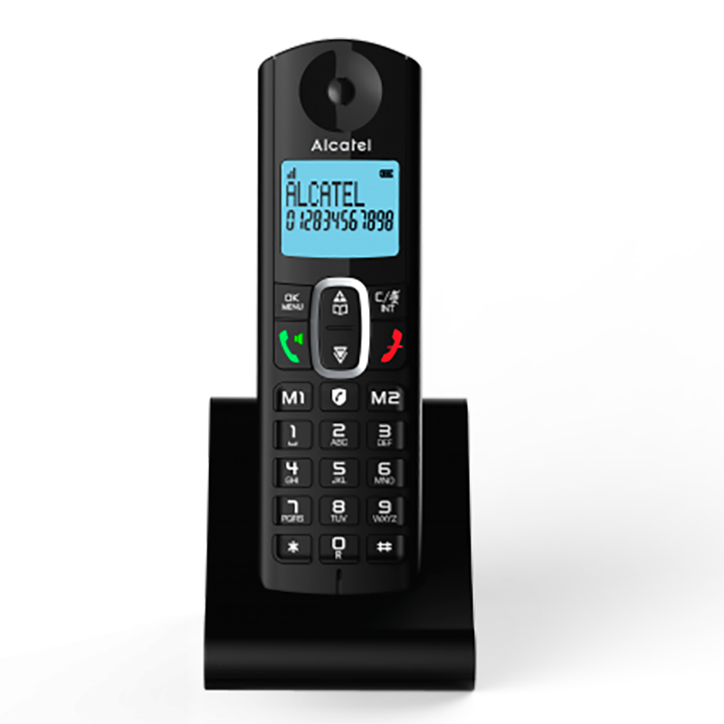 Telefone sem fios Alcatel preto com visor azul e base de carregamento