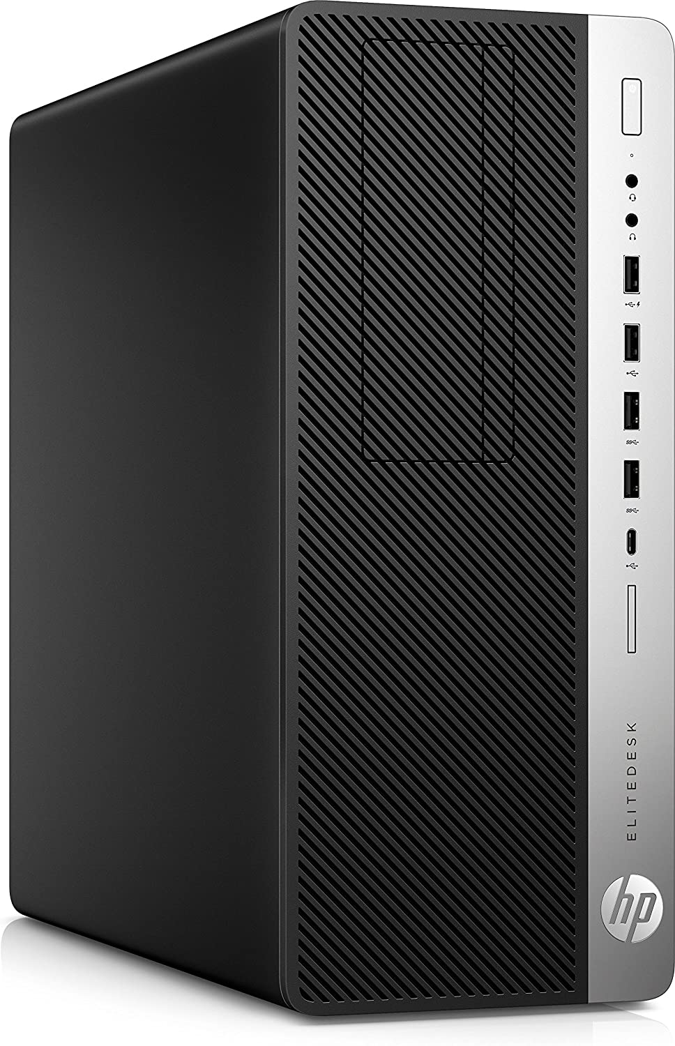 Computador de secretária HP EliteDesk preto e cinza com várias portas frontais