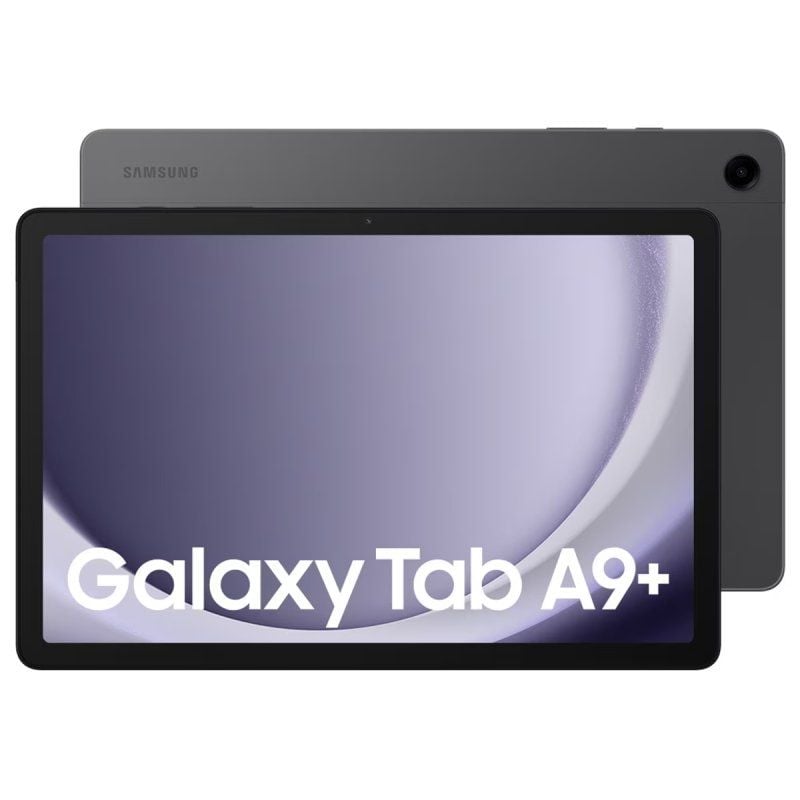 Tablet Samsung Galaxy Tab A9+ cinza escuro com ecrã frontal e câmara traseira