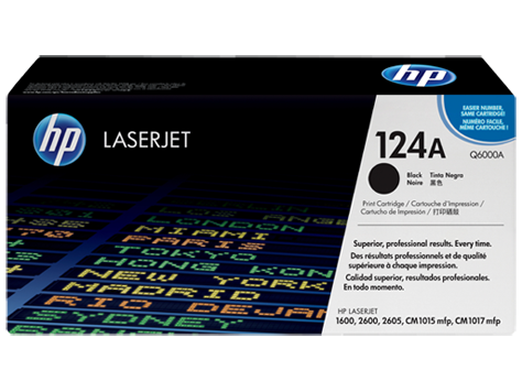 Caixa de toner HP LaserJet 124A Q6000A preta com texto multilingue e padrão de letras coloridas