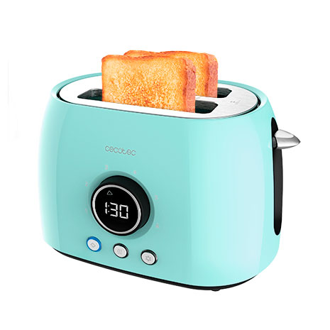 Torradeira azul com duas fatias de pão e visor digital