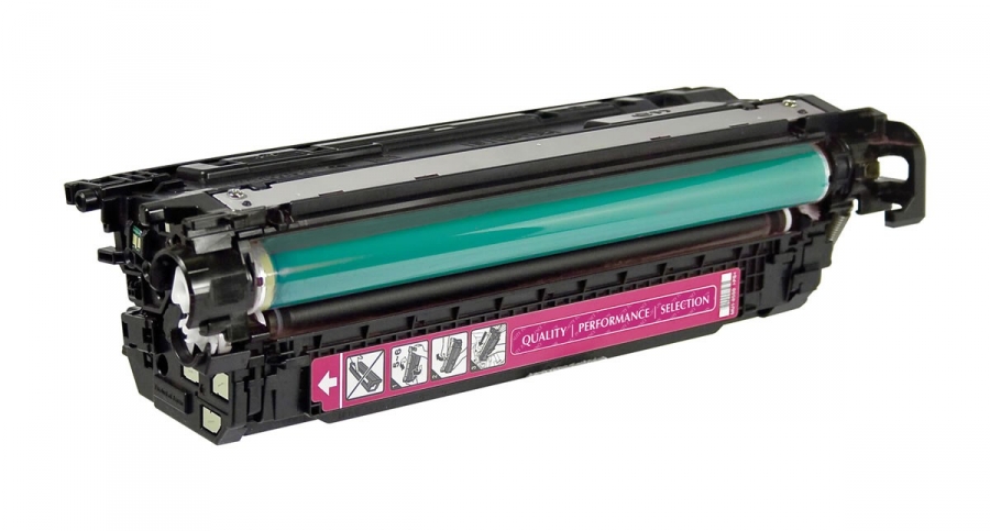Cartucho de toner preto com componente verde e etiqueta rosa
