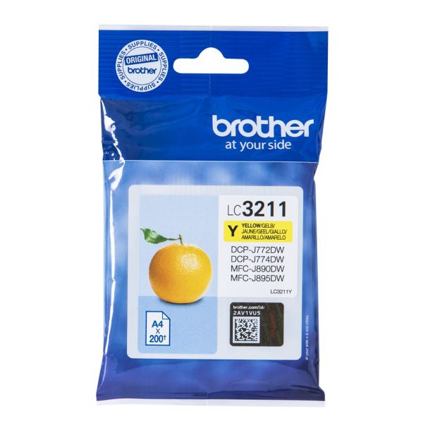Embalagem azul de tinteiro Brother LC3211 amarela