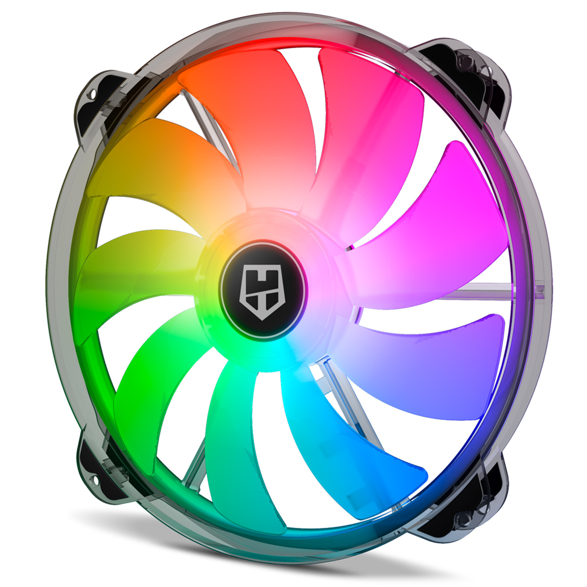 Ventoinha RGB para computador com luzes coloridas e estrutura transparente e preta