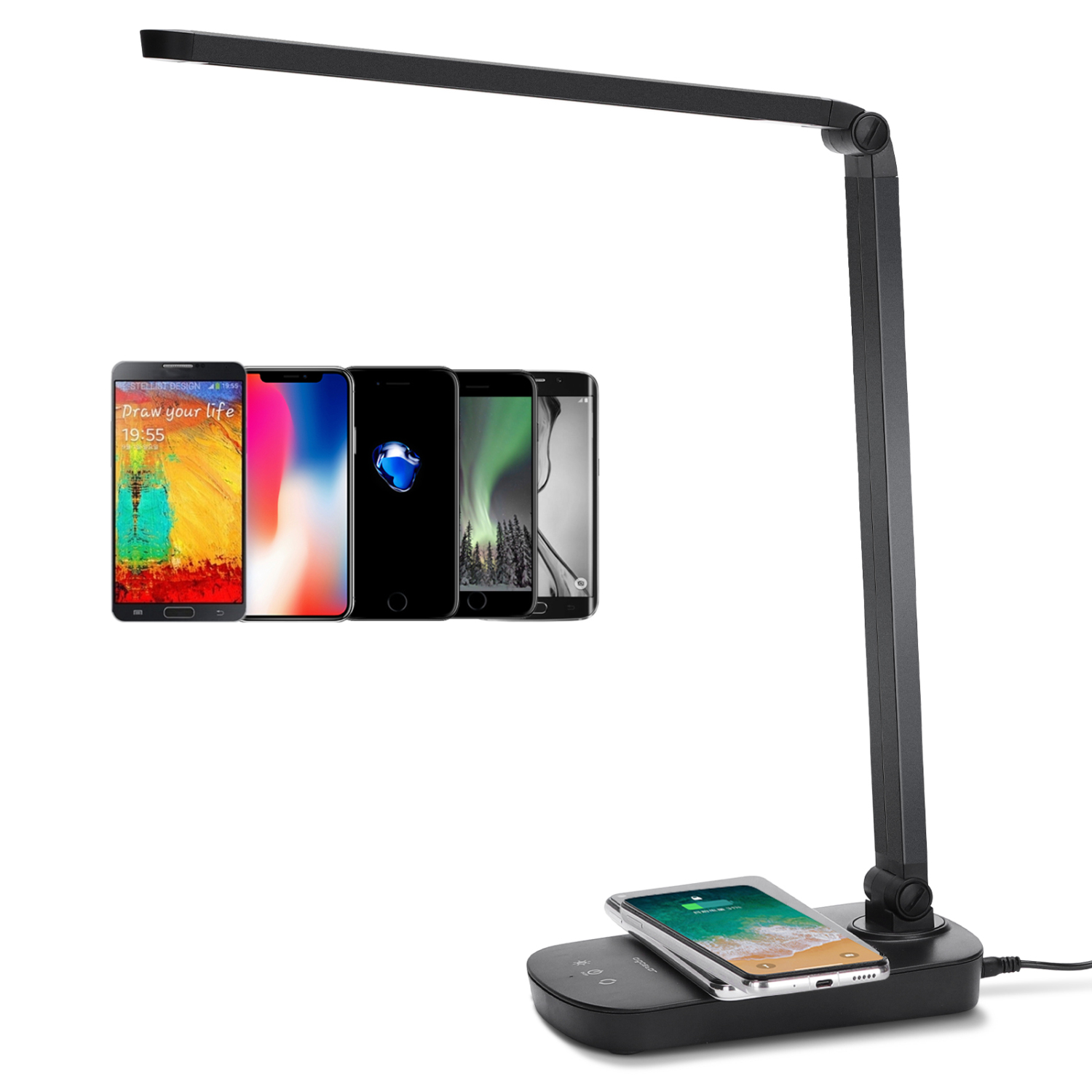 Lâmpada de secretária LED preta com carregador wireless e cinco smartphones alinhados