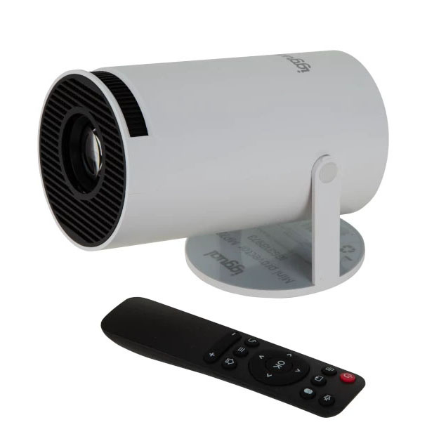 Projetor portátil branco com base redonda e telecomando preto