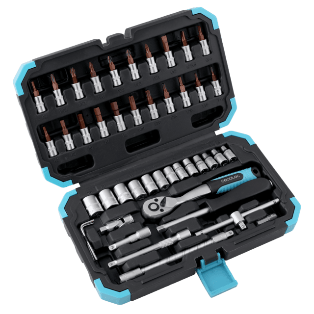 Conjunto de ferramentas Cecotec em estojo preto e azul com várias chaves, bits e chave de catraca