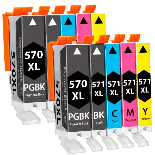 Cartuchos de tinta para impressora em várias cores com etiquetas e texto