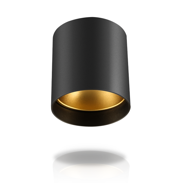 Luminária de teto cilíndrica preta com interior dourado