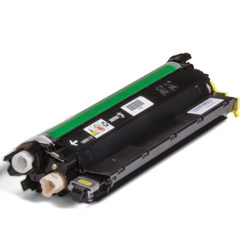 Toner de impressora preto com cilindro verde e etiquetas com códigos em branco e preto