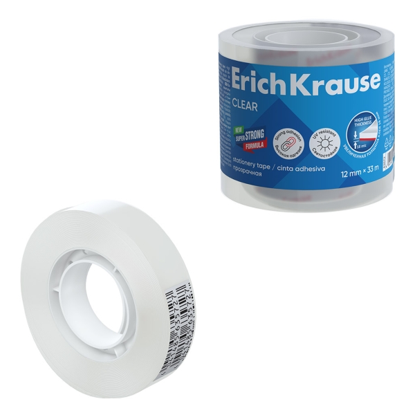 Rolos de fita adesiva transparente ErichKrause CLEAR com embalagem azul e branca
