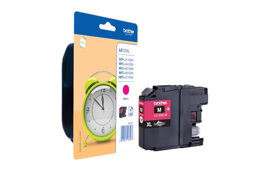 Cartucho de tinta Brother LC125XL-M magenta com embalagem e imagem de relógio verde