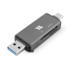 Leitor de cartões USB cinza escuro com USB-A e USB-C