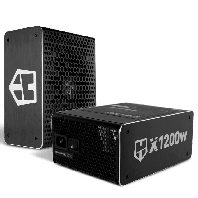 Fontes de alimentação para computador metálicas pretas com grades e textos HX1200W e ícone branco