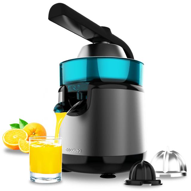 Espremedor de citrinos elétrico preto com reservatório azul e copo com sumo de laranja