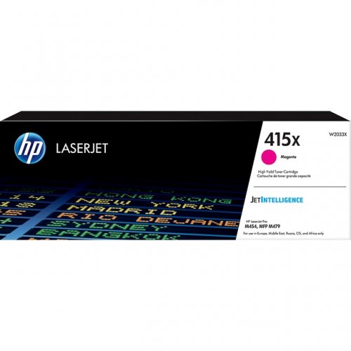 Caixa de toner HP LaserJet 415X magenta com design em fundo digital colorido