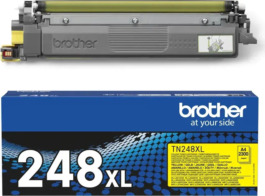 Cartucho de toner amarelo Brother TN248XL e embalagem azul com texto