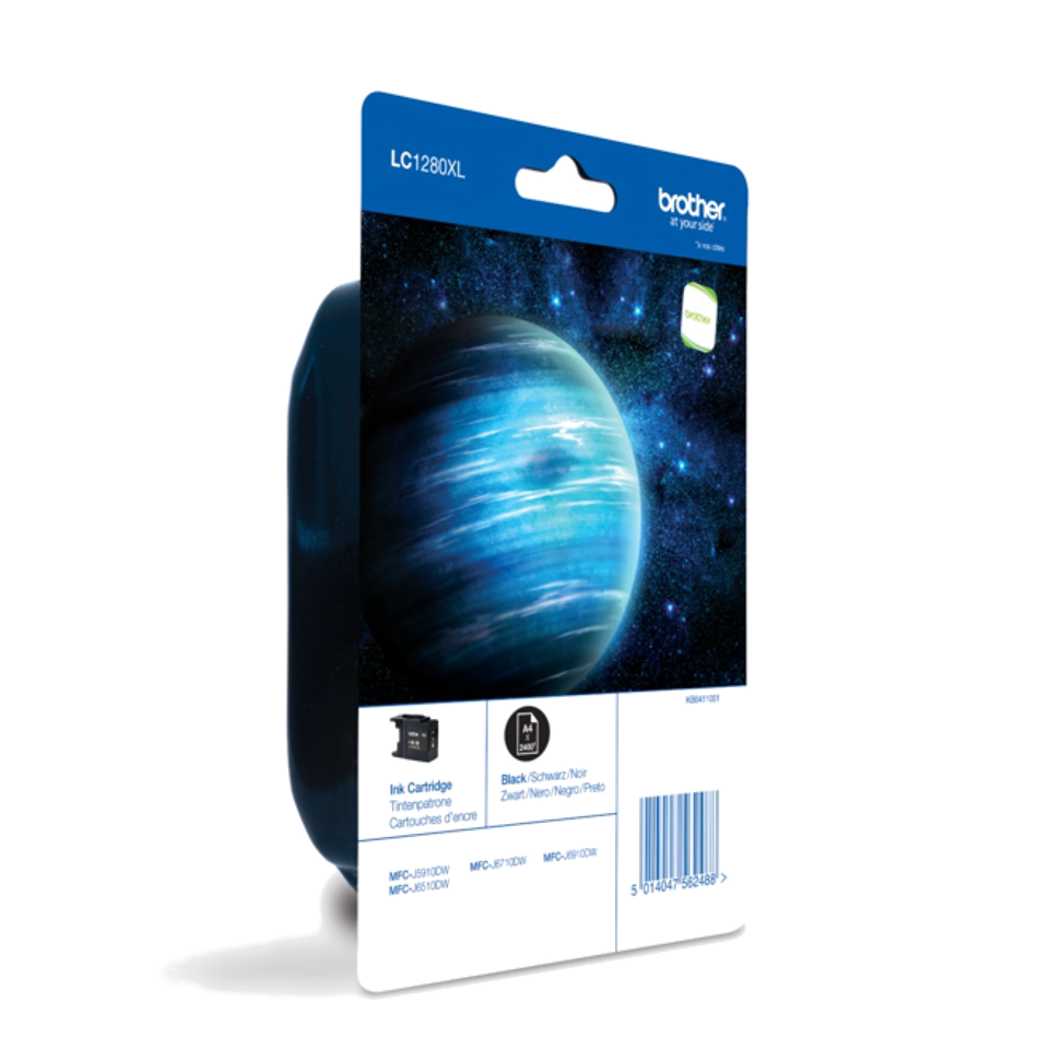 Embalagem de tinta Brother LC1280XL com imagem de planeta azul e fundo estrelado